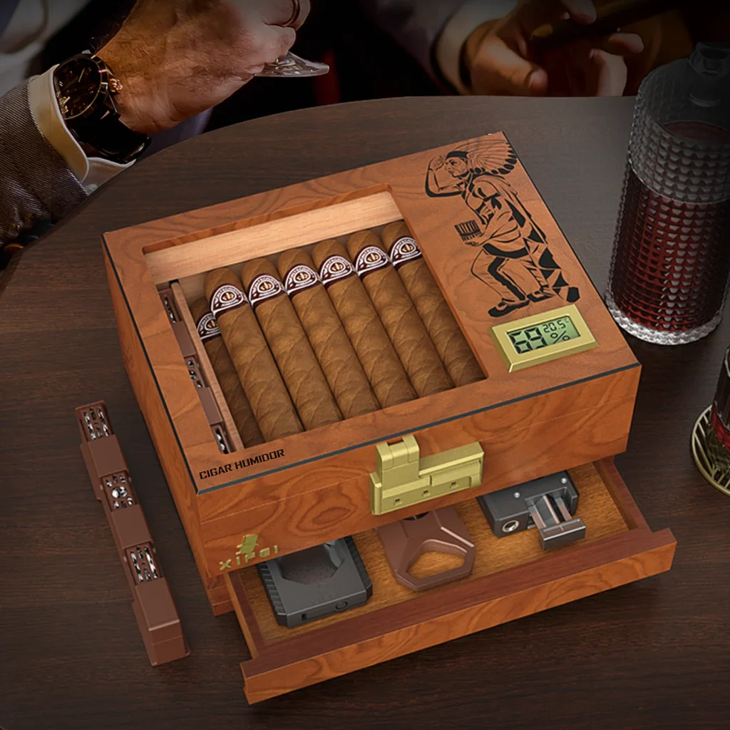 Cedar Wood Desktop Cigar Case with Digital Hygrometer,Humidifier